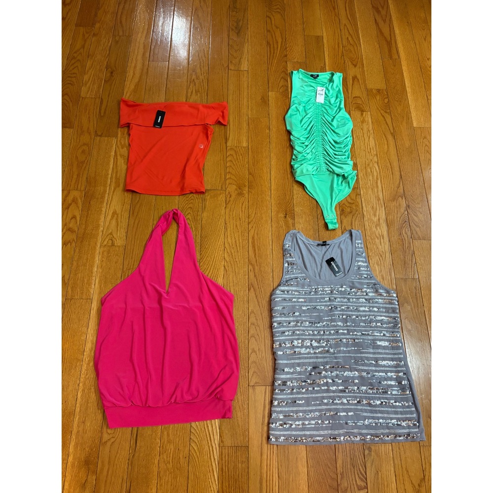 Express Women Top Bundle 4pc NWT Green Bodysuit Red Off Shoulder Sequin Halter S